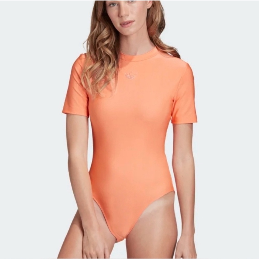 Adidas coral bodysuit rhinestone trefoil size small EUC